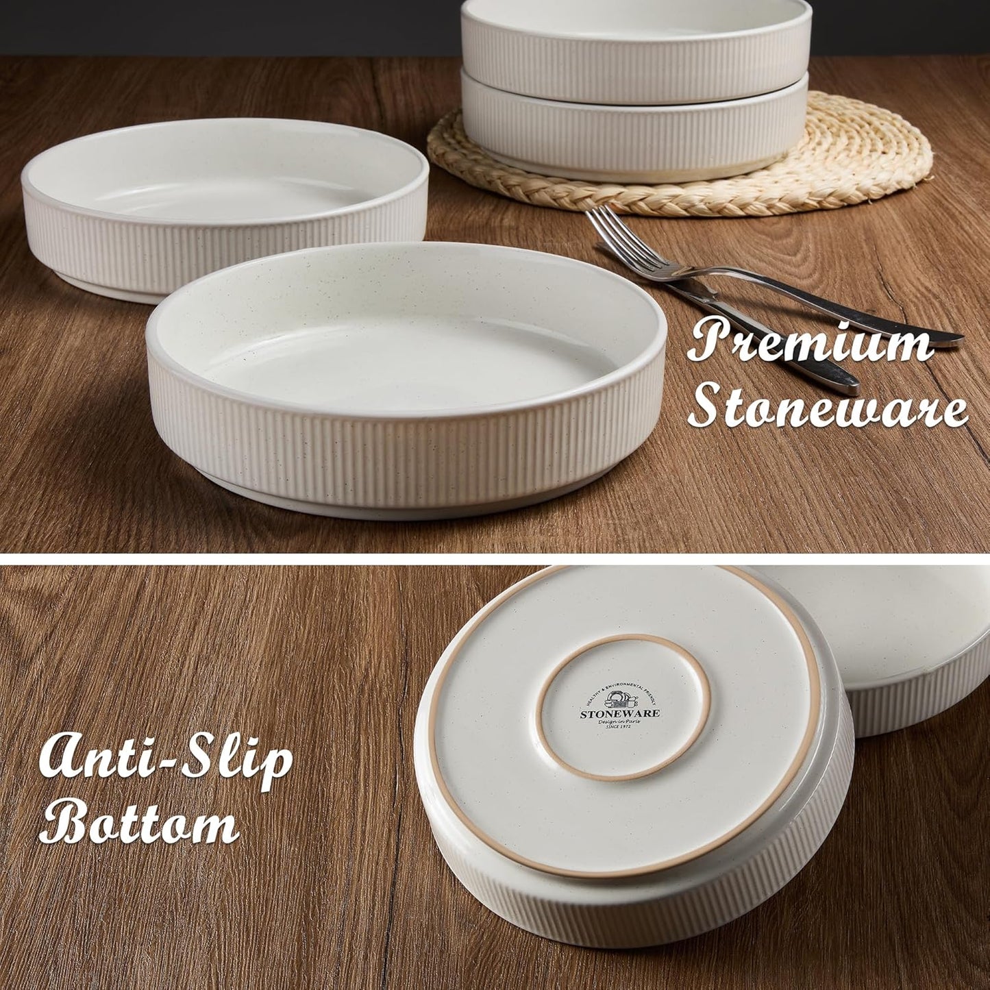 E-far Pasta Bowls Set of 4, 35oz Large Salad Bowl Plate for Dinner Serving Soup, Wide & Shallow Ceramic Stoneware Pasta Plates, Microwave & Dishwasher Safe, Textured Stripes & Speckled White, 8”