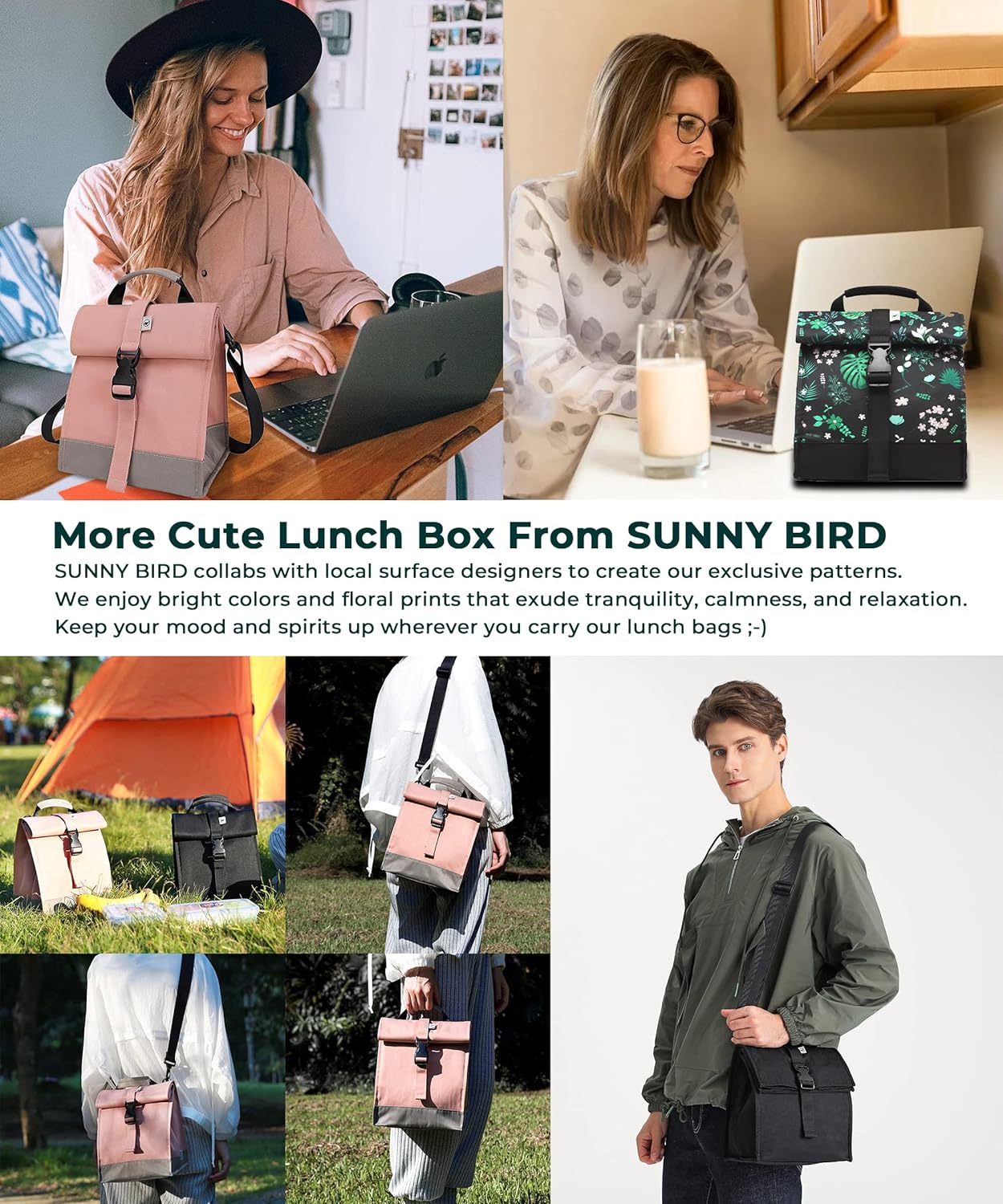 SUNNY BIRD Insulated Lunch Bag Rolltop Lunch Box Tote Bag for Women, Men, Adults and Teens (Floral & Foliage)