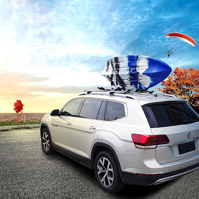 Kayak Roof Rack for 2 Kayaks, 4-in-1 Multifunction Bilateral Kayak & Canoe Car Racks J-Bar with Paddle Holder for Easy Mount Kayak/Surf/Ski/Canoe/SUP on SUV, Car and Truck Crossbar