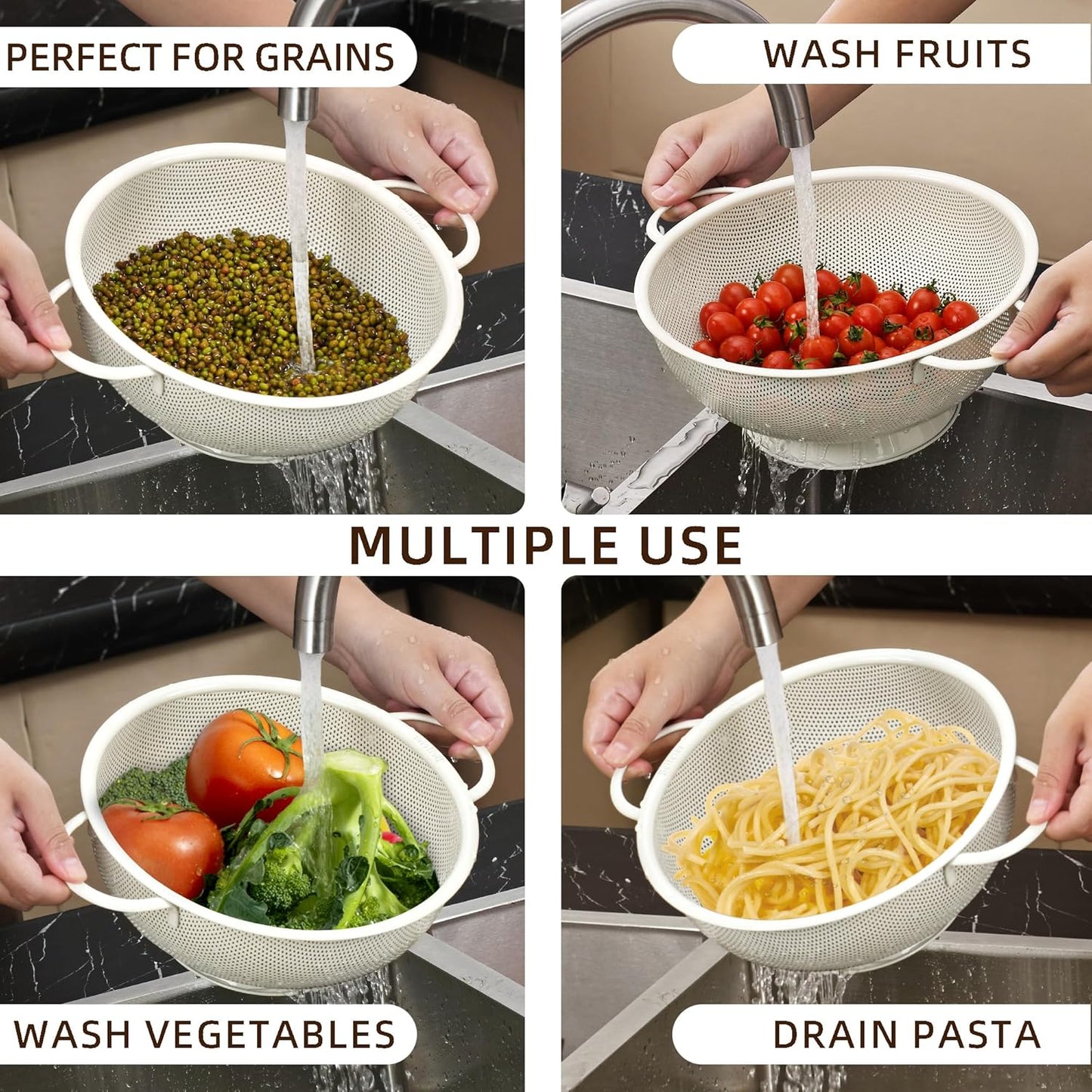 Stainless Steel Colander 3 Piece,Metal Strainer Basket with Solid Base and Handles for Kitchen Food,Pasta, Noodles, Vegetables and Fruits,Powder Coated,BPA Free,Dishwasher Safe,2 & 3 & 4.5 Qt (Cream)