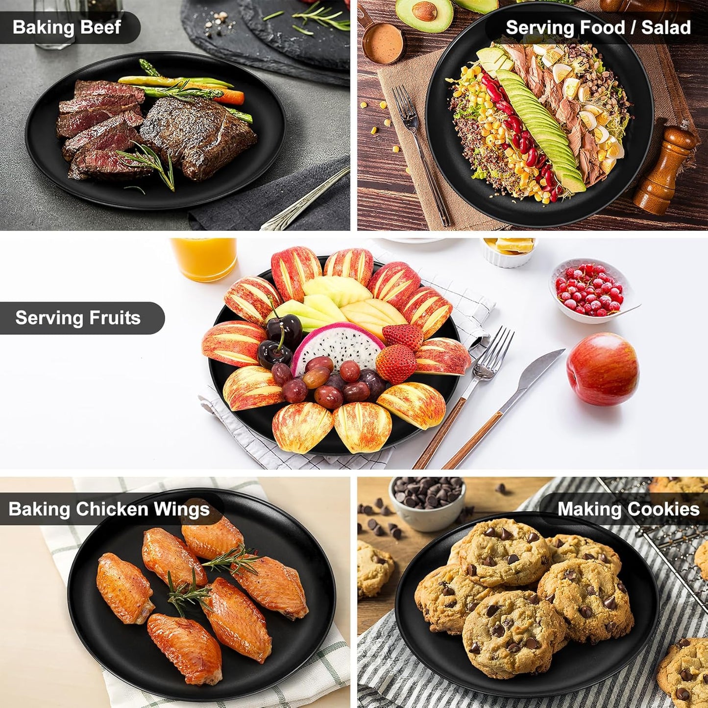 P&P CHEF 10 Inch Pizza Pan, 3 Pieces Stainless Steel Round Pizza Tray Dish Plate For Oven Baking Roasting, Healthy & Heavy Duty, Rust Free & Dishwasher Safe -Black