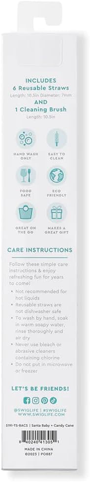 Swig Life Reusable Straws Santa Baby & Candy Cane Tall Straw Set & Cleaning Brush, Each Straw is 10.25 inch Long (Fits Swig Life 20oz Tumblers, 22oz, and 32oz Tumblers)