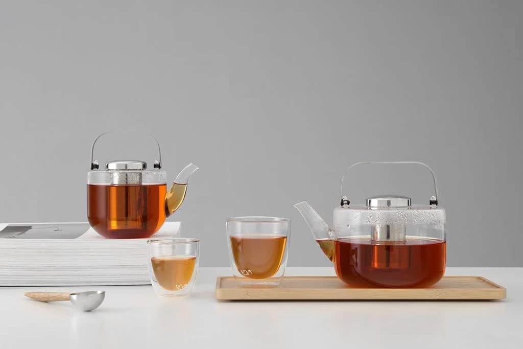 Viva Bjorn Borosilicate Glass Tea Pot for Stovetop with Loose Leaf Tea Infuser Mesh - 40 ounce/1.18 Liter - Modern Teapot Features Stainless Steel Handle and Vented Lid, Tea Maker for Blooming