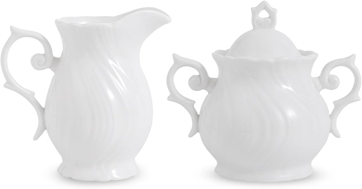 Sugar and Creamer Set Ceramic, Creamer Pitcher and Sugar Bowl with Lid, Creamer Pitcher with Handle,Sugar Cube Dish Coffee or Tea, White (white)