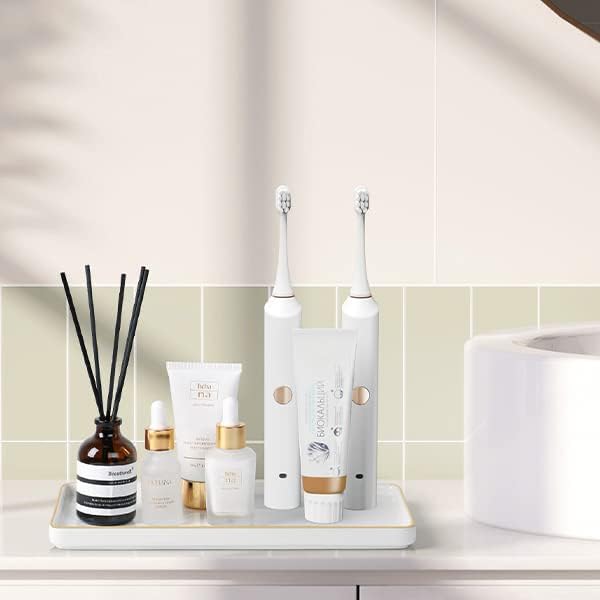 Gurygo 10" Bathroom Tray, Ceramic Vanity Trays for Bathroom, Small Ceramic Tray, Kitchen Soap Trays for Kitchen Counter (White with Gold-Edged, 10",Set/1)