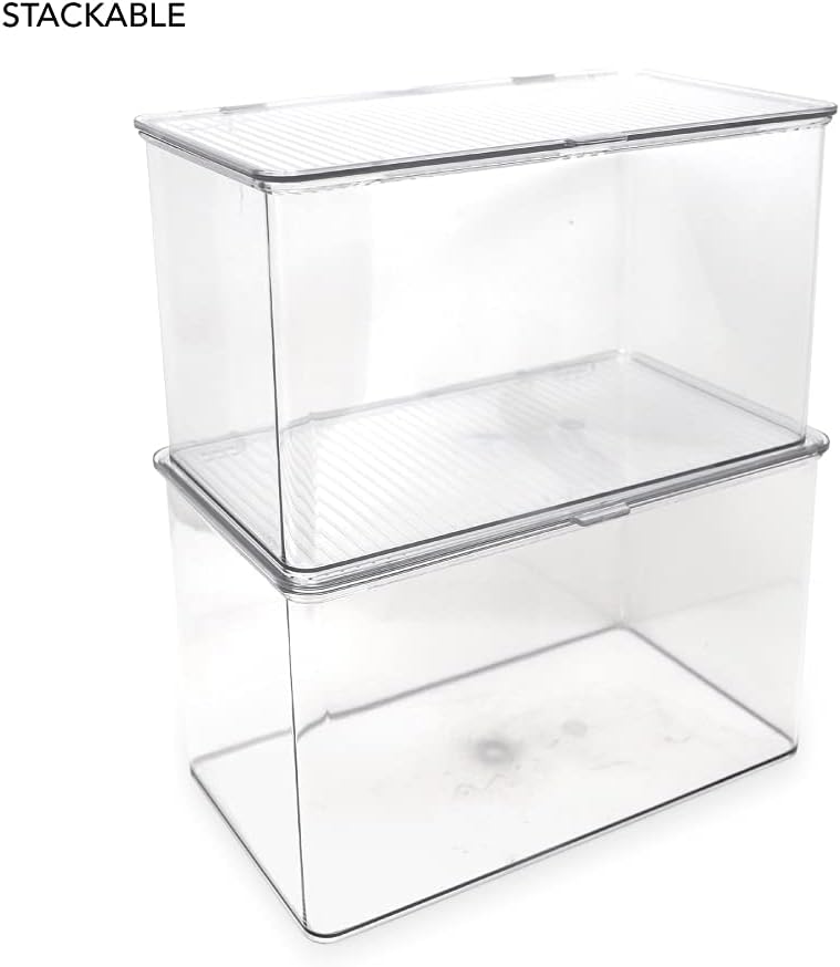 Isaac Jacobs Large Stackable Organizer Bin (10.75” x 6.5” x 6.1”) w Hinged Lid Clear Storage Box Home Office School Fridge Bathroom Kitchen Pantry Container BPAFree Food Safe (Large Clear)