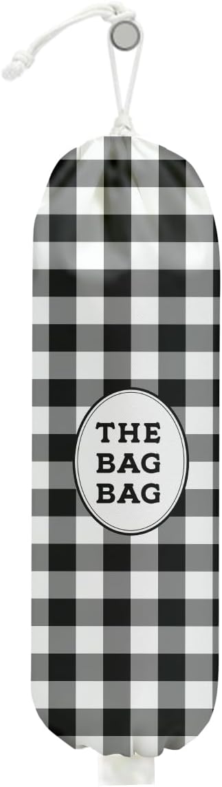 Black White Buffalo Check Plaid Plastic Bag Holder for Kitchen Essentials, Wall Mount Grocery Bag Holder for Plastic Bags, Minimalist Reusable Grocery Bags Storage Dispenser for Home Kitchen Farmhouse
