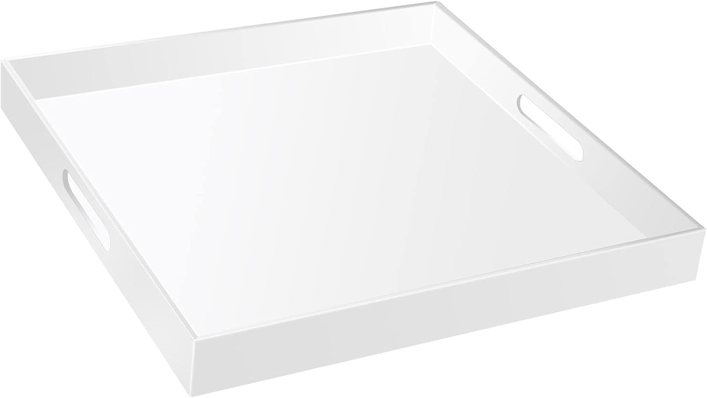 18×18 Inches Glossy White Acrylic Serving Tray with Handles Extra Large Ottoman Tray Decorative Trays Spill-Proof Coffee Table Space Saver Oversize Counter top Organizer Platter with Safe Edge