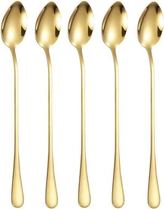 Set of 10 Long-Handle Spoons for Iced Tea, Coffee, and Desserts - Stainless Steel With Gold Plating Mixing Spoons