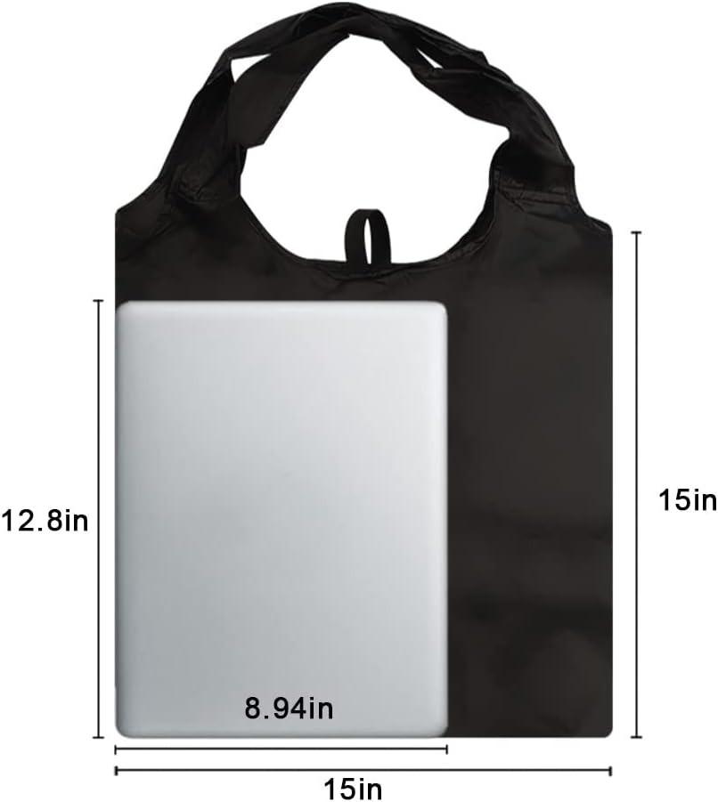 Aricsen 10 Pack Durable Folding Large Kitchen Reusable Shopping Bags with Handles Bulk, Recycle Foldable Grocery Heavy Duty Washable into Pocket Portable Nylon Tote, Polyester Cloth, Black