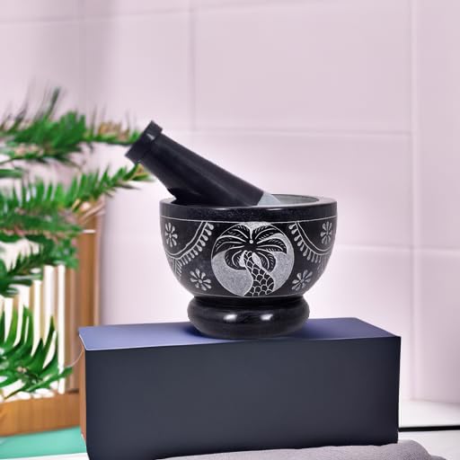 Mortar and Pestle, Made of Heavy Duty Polished Hard Stone, Natural Stone Grinder for Spices, Pastes, Herbs, Seasoning etc. (Palm Tree)
