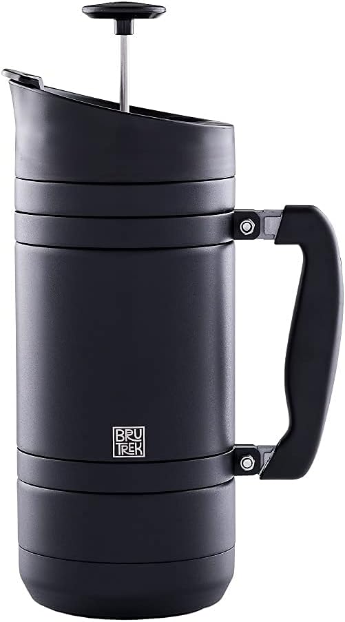BaseCamp Coffee Press - Double Wall Insulated Stainless Steel - Bru-Stop Technology, No Grounds in Coffee, No Spill Lid (Obsidian, 48 fl.oz)