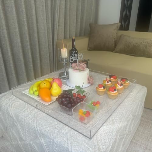 Extra Large Clear Acrylic Ottoman Tray with Cutout Handles 24x24 Inch Over-Sized King-Size Serving Tray Boot Organizer Decorative Tray for Living Room Bedroom,Bathroom and Kitchen Entryway