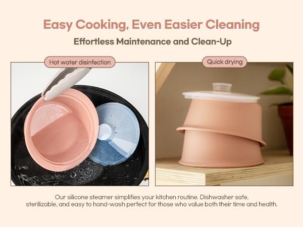 Microwave Silicone Steamer for Baby Food, Made In Korea, Oven & Dishwasher Safe to 482°F, Easy Clean, Microwave Pot with Handle & Lid, 100% Food Grade Steamer Bowl (Terracotta Rose, 27.1oz (800ml))