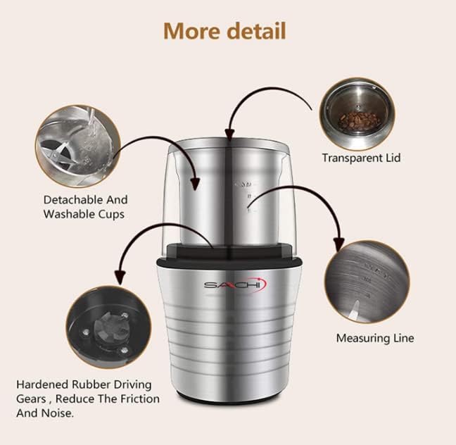 Saachi 2-in-1 Electric Coffee Grinder Plus Wet and Dry Spice Grinder with 2 Stainless Steel Blades Removable Bowls, SA-2915