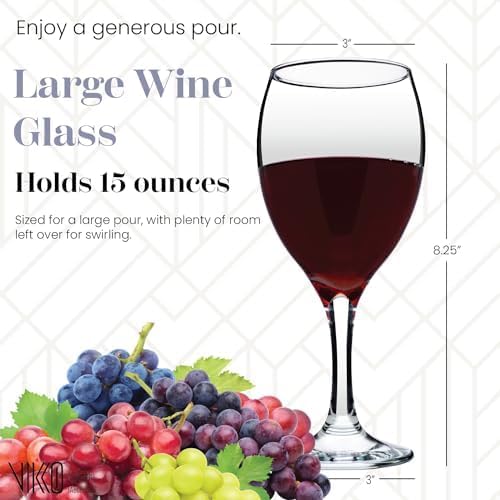 Vikko Wine Glasses, 15 Ounce Stemmed Set of 6 for Red and White, Thick and Durable Clear Glass