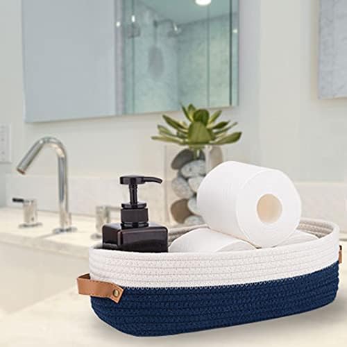 Toilet Basket,Woven Storage Basket for Toilet Tank Top Farmhouse Home Decor Organizing Baskets 13"x5.9"x4" Navy Stitching White