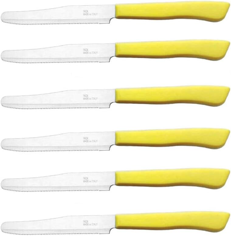 Tredoni 6 kitchen Knives - 4.3"/11cm Italian Stainless Steel Serrated Vegetable/Steak/Table Knife Cutlery, Rounded Tip (Yellow)