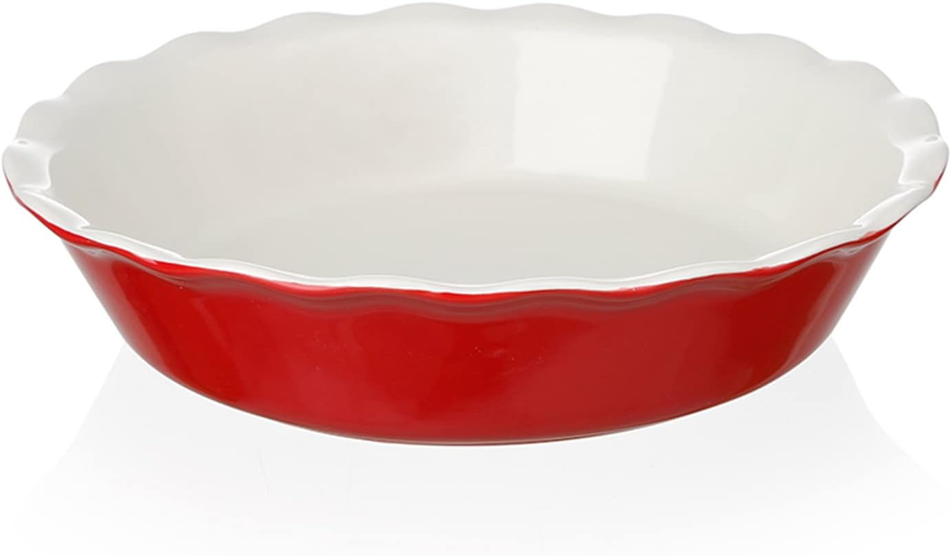 Sweejar Ceramic Pie Pan - 10 Inch Round Baking Dish for Dinner, Non-Stick with Soft Wave Edge for Apple, Pumpkin, Pot Pies (Red)