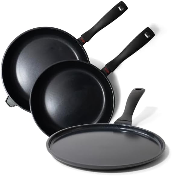 Alva Energy 3-Piece Nonstick Frying Pan Set – 8", 12.6", 11" Crepe Pan – PFAS-Free Ceramic Coating, Induction & Oven Safe, Even-Heat Aluminum, Stay-Cool Handles, Dishwasher Friendly