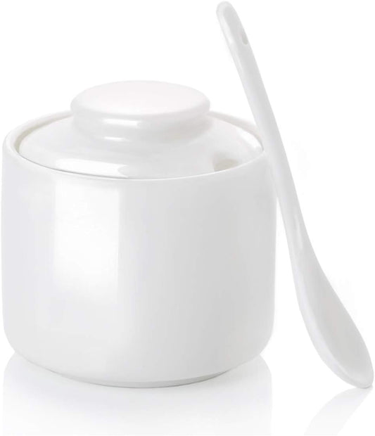 ONTUBE Ceramic Sugar Bowl with Lid and Spoon,Porcelain Seasoning Box Salt Bowl,8oz White