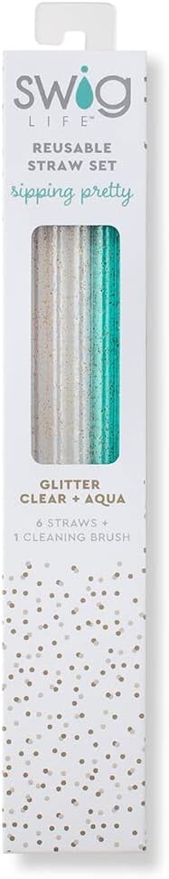 Swig Life Reusable Straws Glitter Clear + Aqua Tall Straw Set & Cleaning Brush, Each Straw is 10.25 inch Long (Fits Swig Life 20oz Tumblers, 22oz, and 32oz Tumblers)