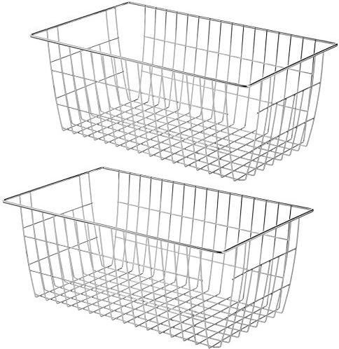 SANNO Freezer Baskets for Storage Pantry Large Metal Wire Food Storage Organizer Bin Basket with Handles - for Kitchen Cabinets, Pantry, Bathroom, Laundry Room, Closets, Garage - Chrome，2 pack