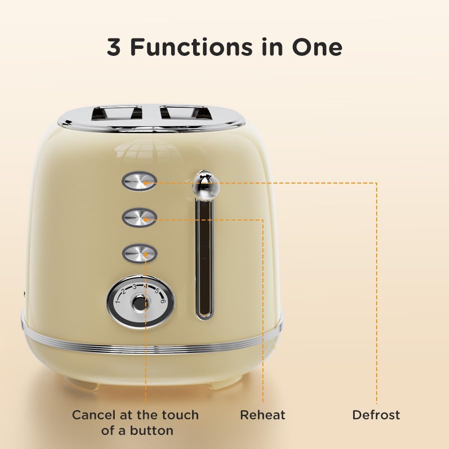 Toaster Retro 2 Slice, Vintage White Toaster with Lid, with Bread Attachment, Preheat, Defrost And Cancel Functions, 6 Browning Levels (Beige)