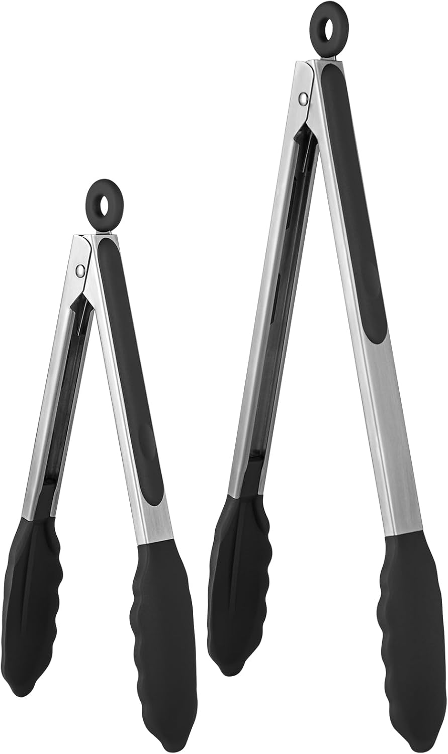 600ºF Heat Resistant Kitchen Tongs: U-Taste 9+12 inch Silicone Cooking Tong Set with Firm Sealed Non Stick Rubber Tips and Silicon Coated 18/8 Stainless Steel Handle for Serving Grilling Salad (Black)
