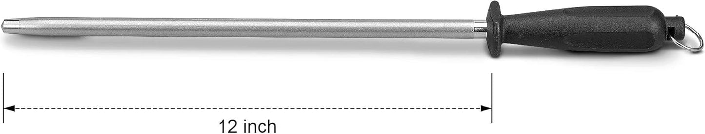 Premium Diamond Finished Black Carbon Steel Knife Sharpening Rod, 12 Inch