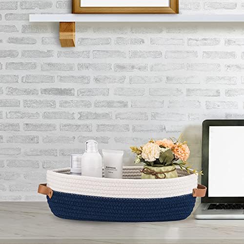 Set of 2 Toilet Basket,Woven Storage Basket for Toilet Tank Top Farmhouse Home Decor Organizing Baskets 13"x5.9"x4" Navy Stitching White