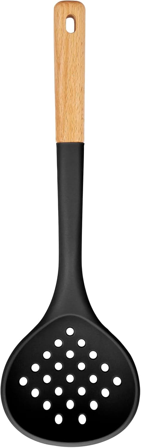 Kitchen Ladle Strainer, Large Slotted Spoon with High Heat Resistant BPA Free, Non Stick Cooking Skimmers For Draining & Frying, 13.2inch (Black)