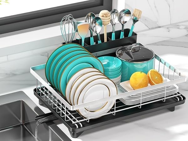MERRYBOX Stainless Steel Dish Drying Rack for Kitchen Counter Sink，Rustproof Stainless Steel Dish Rack with Large 3-Compartment Utensil Holder