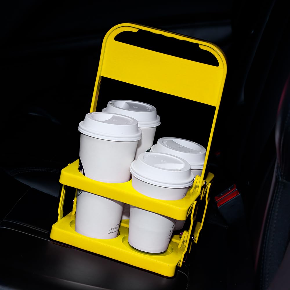 Bodaon 4 Cup Drink Carrier with Handle, Plastic Cup Carriers for Drinks, Drink Holder for Car, GrubHub/Eats Doordash Accessories, Portable Foldable Reusable Mobile, Use for Food Delivery Bag, Yellow