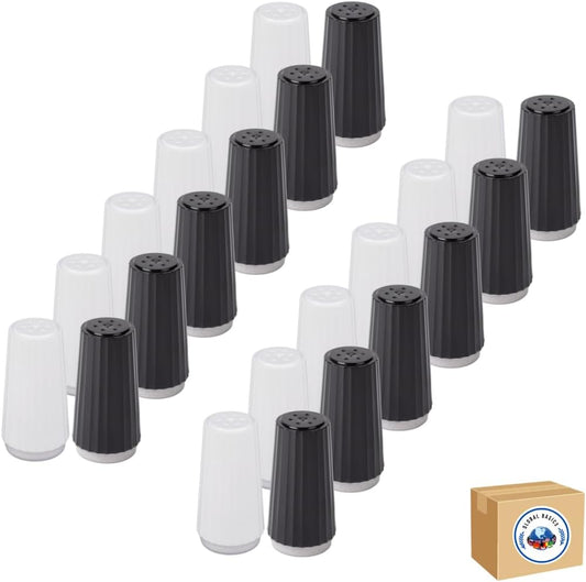 Disposable Salt and Pepper Shakers by Global Basics - Plastic Shaker Sets for Parties, Restaurants, Picnics, Cookouts - Prefilled Salt and Pepper Shakers with 4oz. Salt, 1.5oz. Pepper - 24-Pack