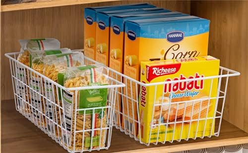 Redrubbit Wire Storage Baskets, Large Farmhouse Metal Freezer Basket Storage Organizer Bins with Handles for Kitchen Cabinets, Pantry, Closets, Bedrooms, Bathrooms, Set of 2, White
