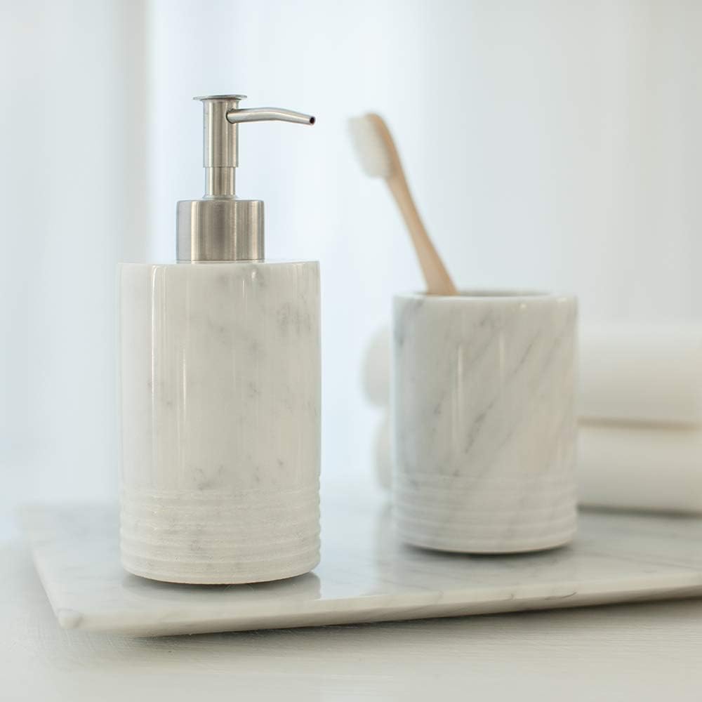 Marble Soap Dispenser with Stainless Steel Pump for Bathroom Kitchen Countertop - Lotion & Liquid Dispenser Soap Bottle White