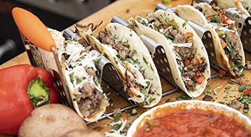 BLACKSTONE 5173 Deluxe Holder Stand Pack of 2 Stainless Steel Racks with Heat Resistant Handles-One Tray Holds 6 Tacos-Dishwasher Safe, Orange/Silver