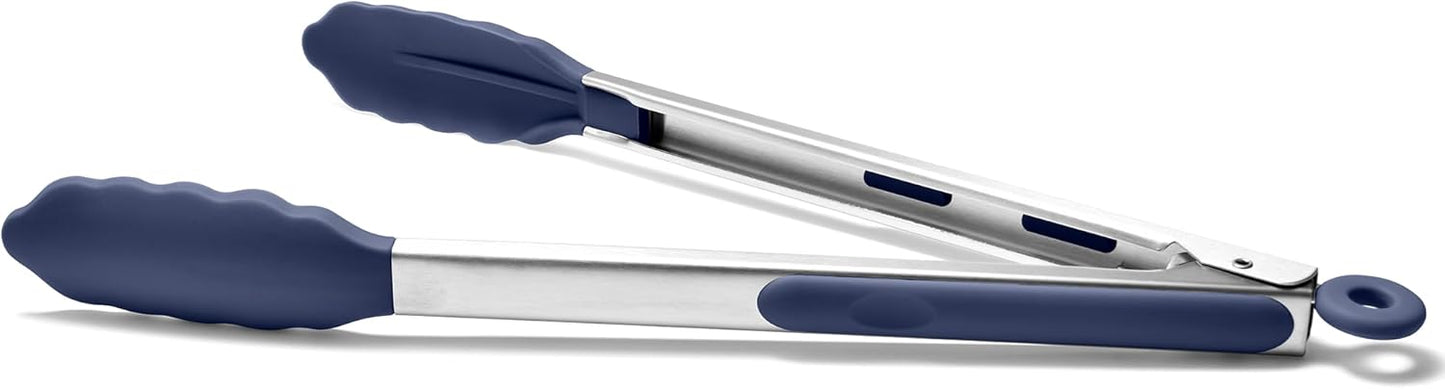 Doosu Kitchen Tong for Cooking: 600°F Heat-Resistant Silicone Food Tong, Stainless Steel Locking Tongs for BBQ (12in, Blue)