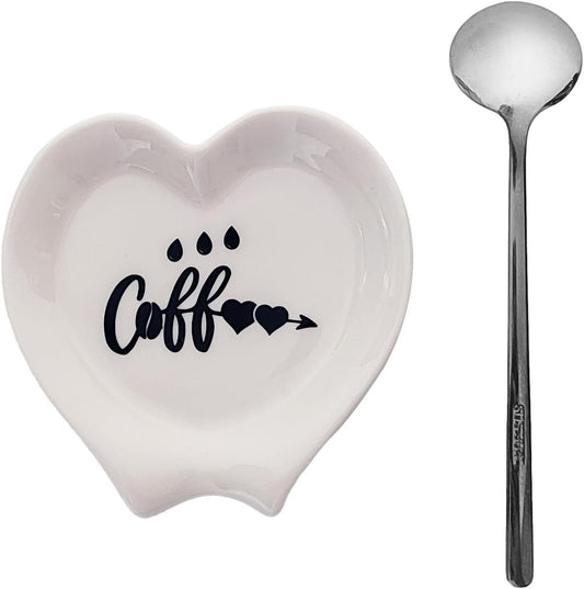 Heart-shaped Coffee Spoon Rest, Mini Coffee Spoon Holder, Small Ceramic Spoon Rest for Coffee Stirrers, Teaspoon, Bar Spoon, Coffee Bar Accessories, Coffee Station (White+Sliver spoon)