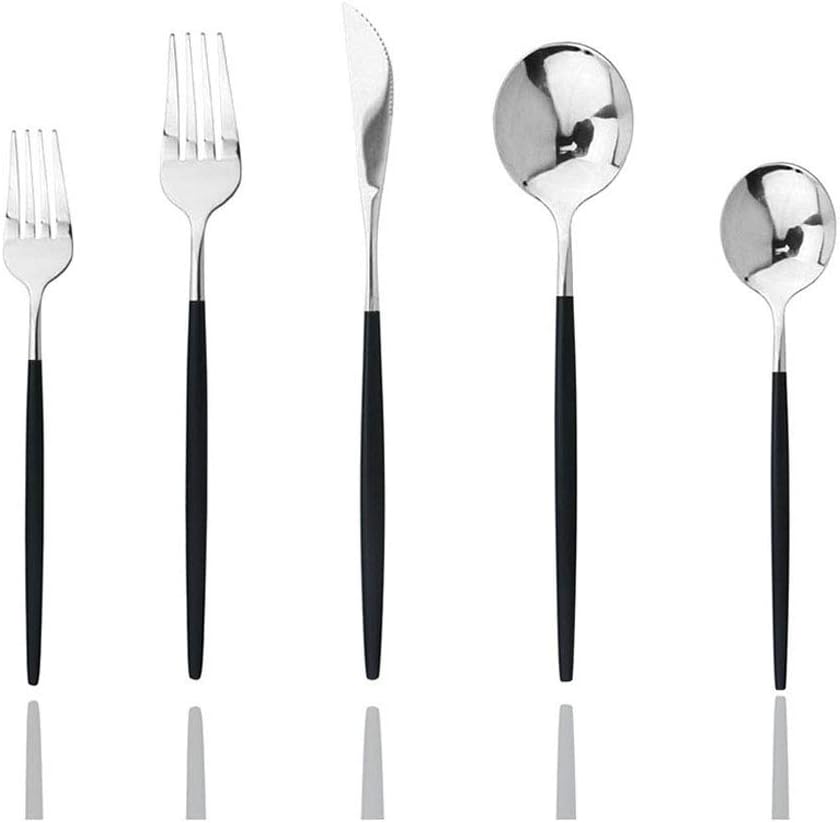 JASHII Black Silver Silverware Set, 20-Piece Stainless Steel Satin Finish Flatware, Kitchen Utensils, Mirror Polished Tableware Cutlery for Home and Restaurant, Dishwasher Safe