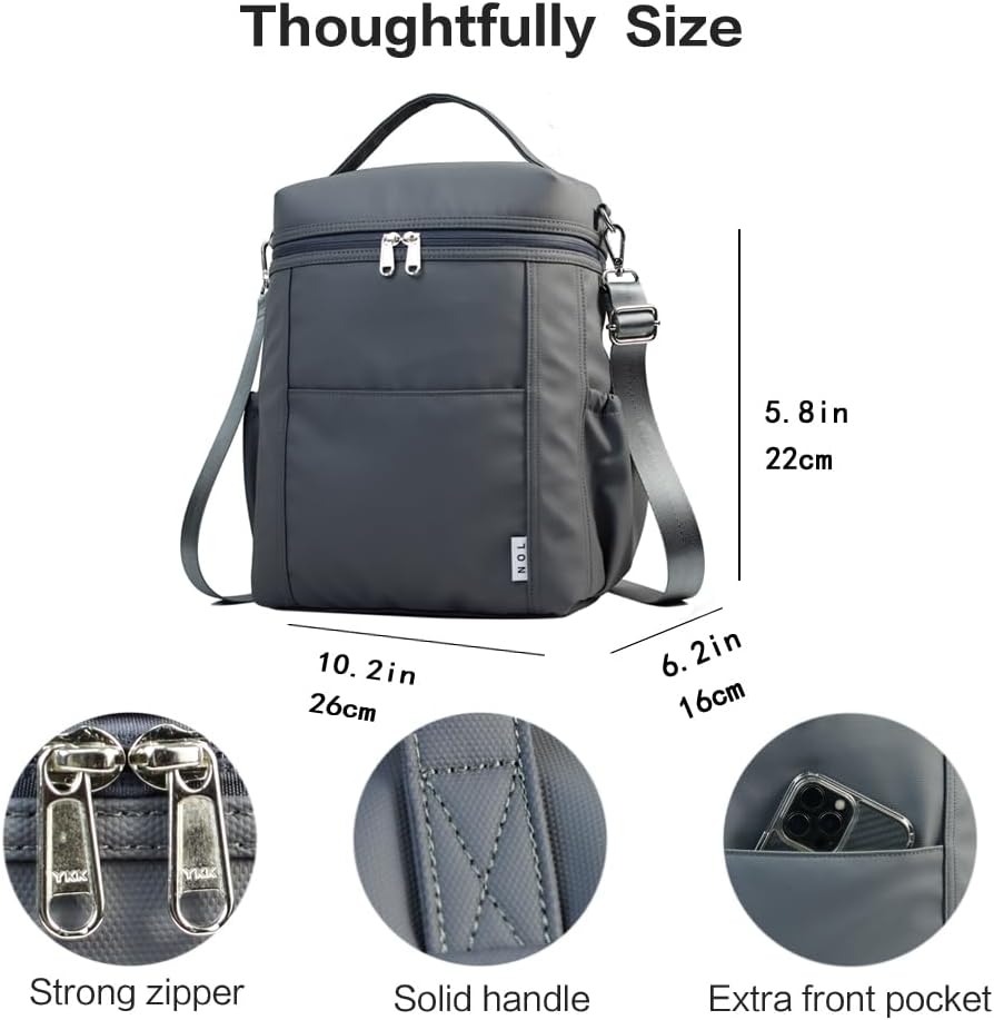 NOL Natural Organic Lifestyle Insulated Lunch Bags for Women Cooler Bag Lightweight Nylon Waterproof Lunch Box For Work (Dark gray, Large)