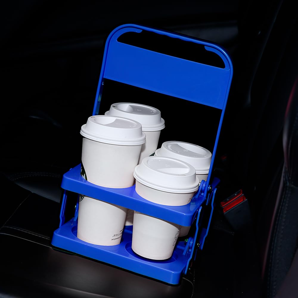 Bodaon 4 Cup Drink Carrier with Handle, Plastic Cup Carriers for Drinks, Drink Holder for Car, GrubHub/Eats Doordash Accessories, Portable Foldable Reusable Mobile, Use for Food Delivery Bag, Blue