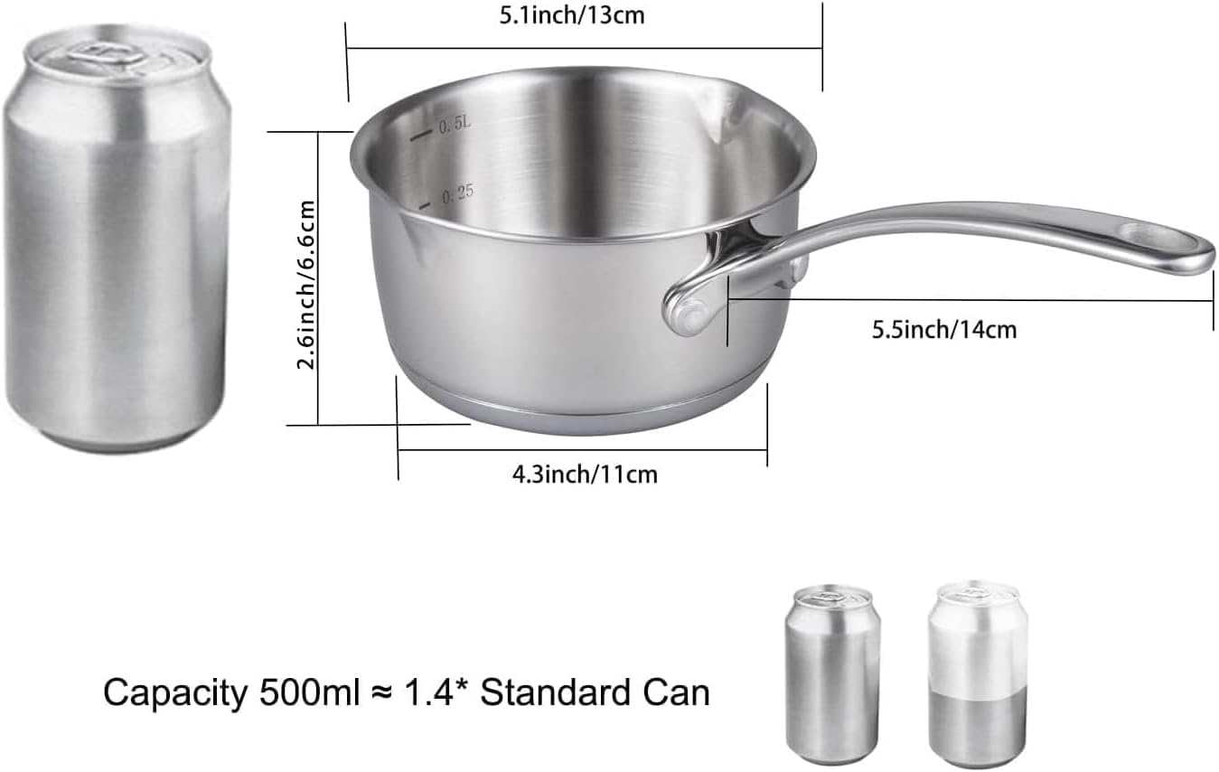 IMEEA Butter Melting Pot Butter Warmer 18/10 Tri-Ply Stainless Steel Saucepan with Dual Pour Spouts, 0.5-Quart, Silver