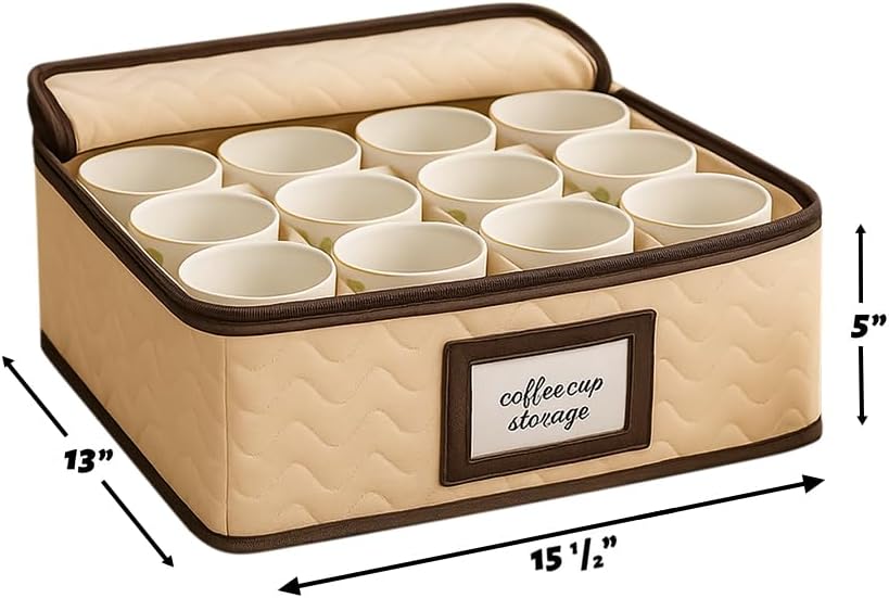 Mugs Storage Container - Quilted Microfiber China Organizer Box with Dividers , Protects & Organizes Up to 12 Mugs - Ideal for Seasonal Dishware Protection