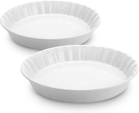 Brew To A Tea - Classic White Ceramic Pie Dish Set, 2 Pcs, 10.5" & 9.5", Pie Pans for Baking, Deep Dish Pie Plate