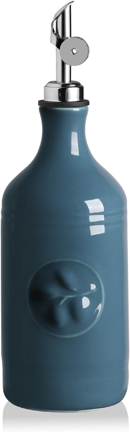 Sweejar 16 Oz Ceramic Olive Oil Dispenser Bottle, Oil Dispenser for Kitchen with Gravity Spout, Relief Opaque Vinegar Container for Evoo, Soy Sauce, 1 Pack(Fog Blue, Silver Spout)
