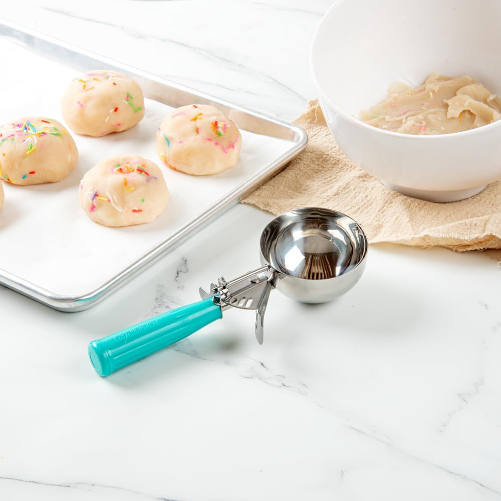 Restaurantware Met Lux 6 Ounce Portion Scoop 1 Durable Disher Scoop - Thumb Trigger Teal Stainless Steel Ice Cream Disher For Portion Control For Ice Cream Mashed Potato And Cookie Dough