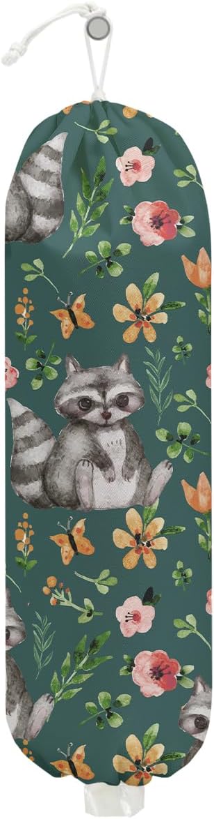 Raccoon Plastic Bag Holder, Wall Mount Grocery Bag Holder, Plastic Storage bag, Pull Rope Free Adjustment, Plastic Bag Holders for Grocery Bags, Plastic Bag Dispenser for Home Kitchen