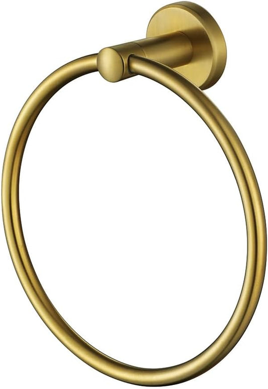 JQK Towel Ring Brass Gold, 304 Stainless Steel Hand Towel Holder for Bathroom, Brushed Gold Wall Mount, TR130-BG